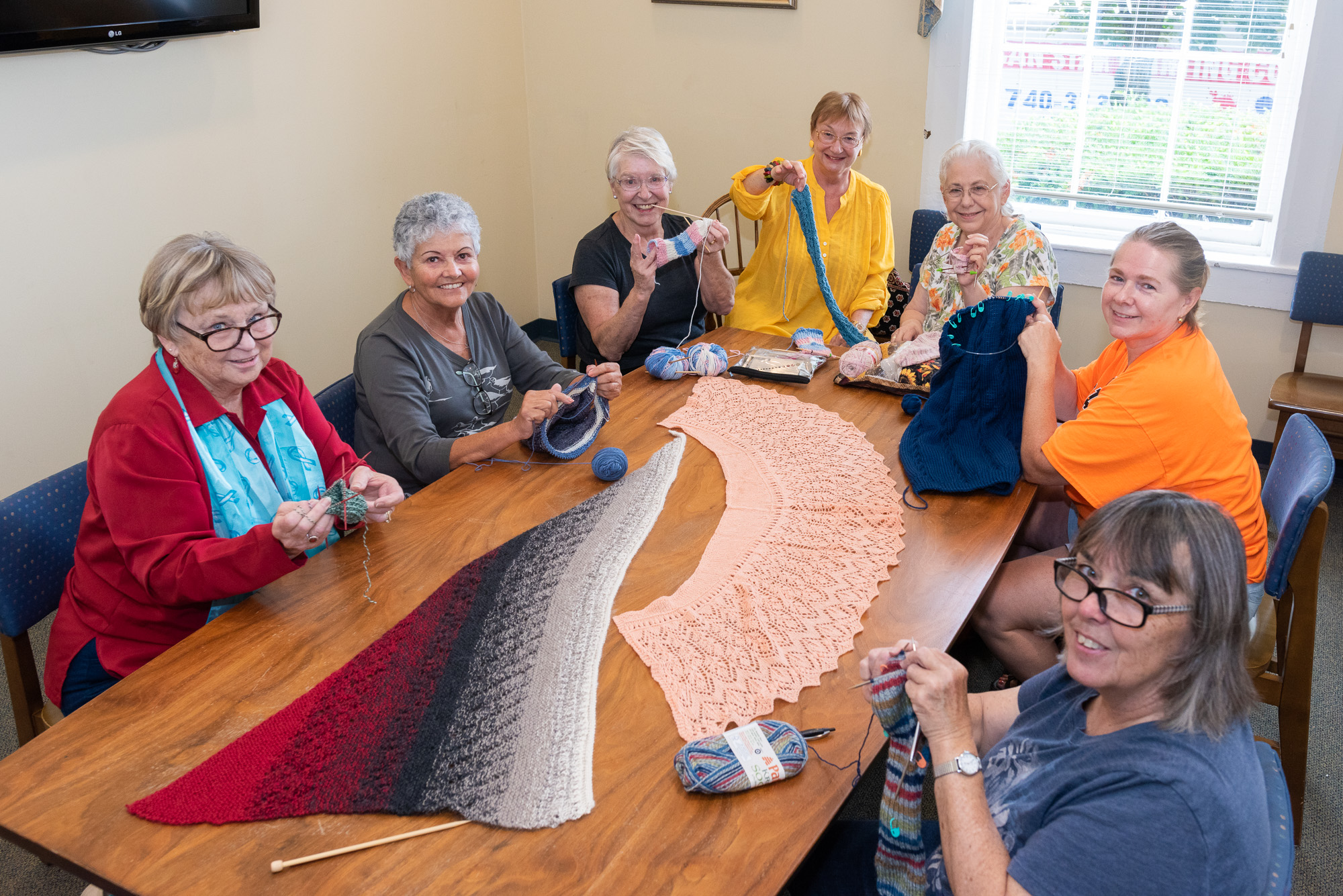 Color photo of knitting session at the Washington Street Meeting Room. Photo shows knitters posing for photograph while displaying their work.