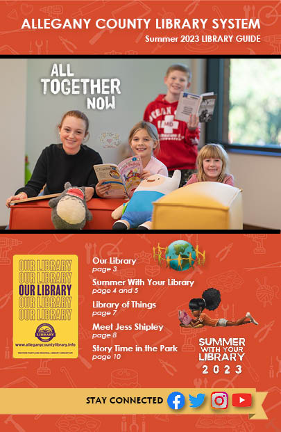 2023 Summer Library Guide Cover. Kids reading in the play area at LaVale Library, new library card design, Summer with your Library icons