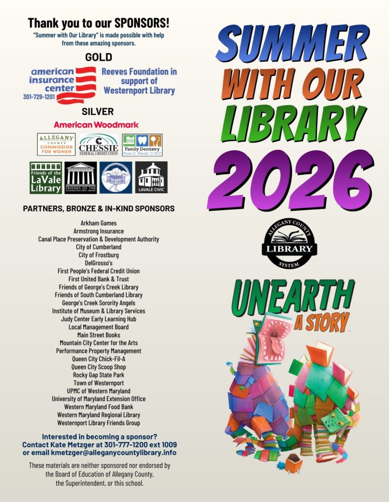 2026 Summer with Our Library reading log (outside cover). 